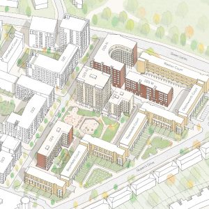 Artists impression of the completed work to Kings Crescent, birds-eye view of all of the blocks, refurbishment to Southside blocks and new public realm green spaces