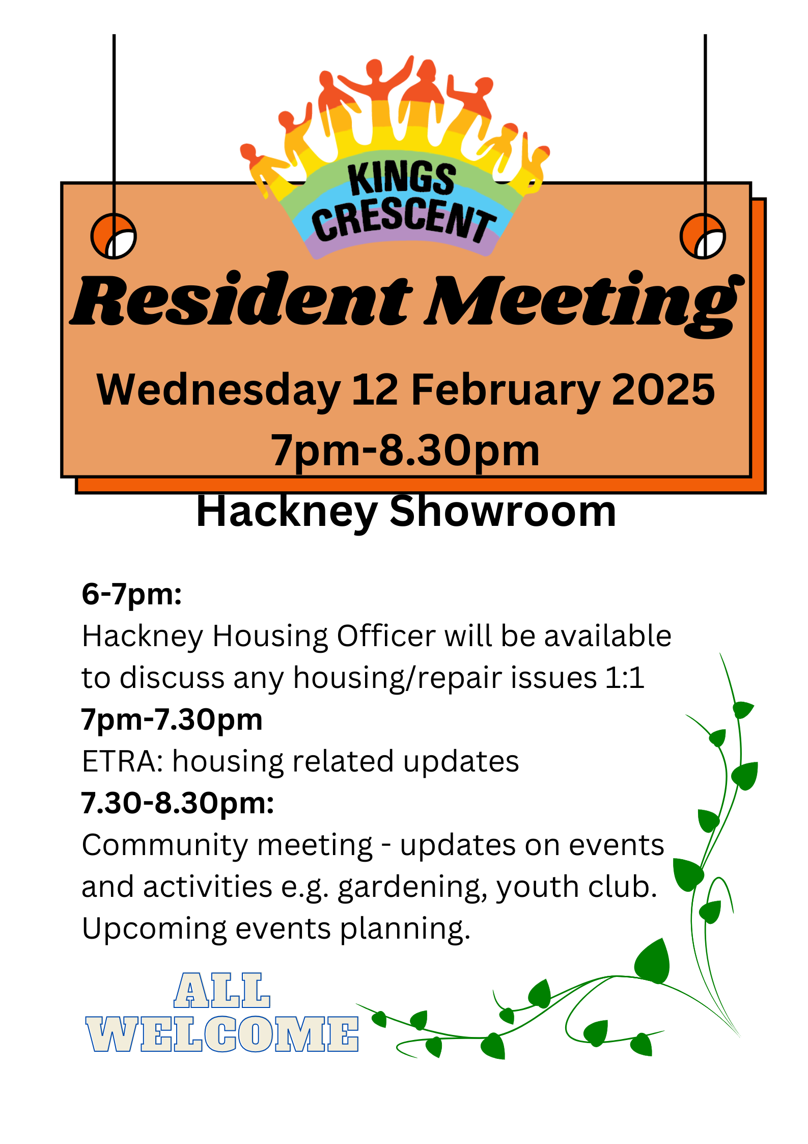 6-7pm: Hackney Housing Officer will be available to discuss any housing/repair issues 1:1 7pm-7.30pm ETRA: housing related updates 7.30-8.30pm: Community meeting - updates on events and activities e.g. gardening, youth club. Upcoming events planning.